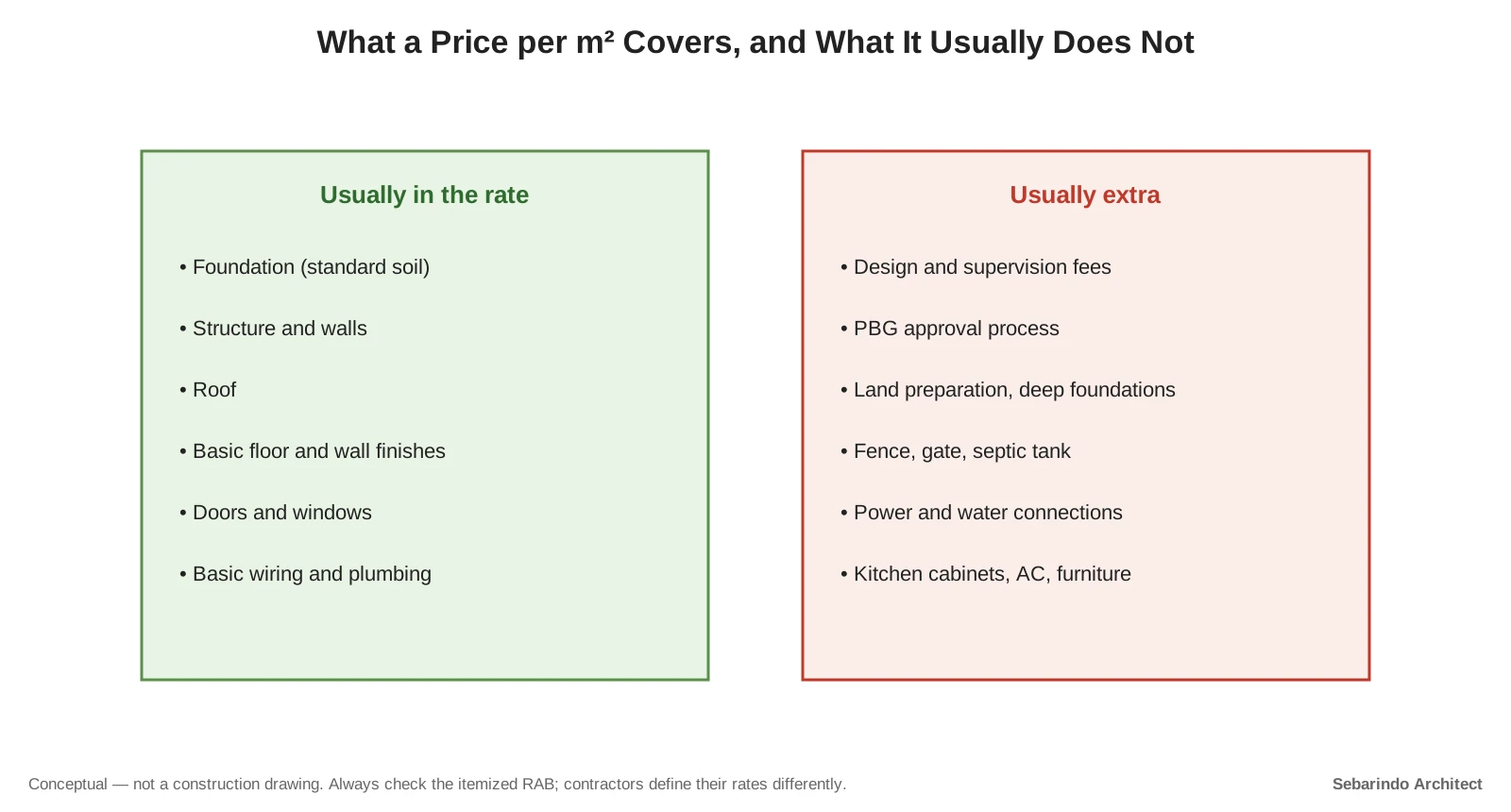 Two lists comparing what a price per square meter usually covers, such as structure and roof, with common extras such as design fees, permits, connections and furniture