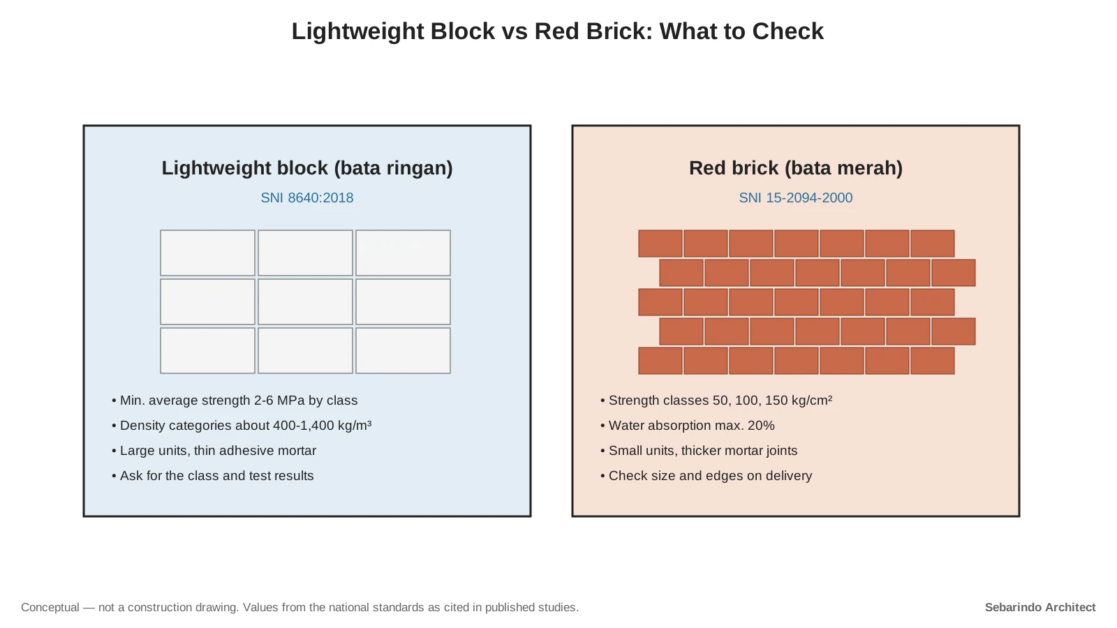 Side-by-side comparison of large lightweight concrete blocks and small red clay bricks with the key points from each national standard